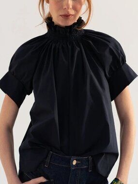 Monica Nera Franka Top Black Ruffled Neck Puff-Sleeve Top Sz Medium